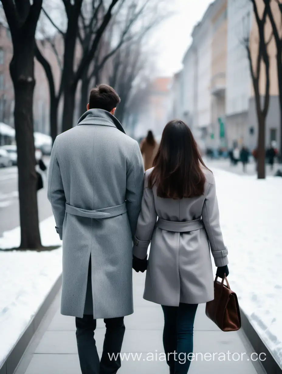 парень в длинном сером пальто и низкая девушка шатенка идут вдвоем зимой по городу, вид ссади