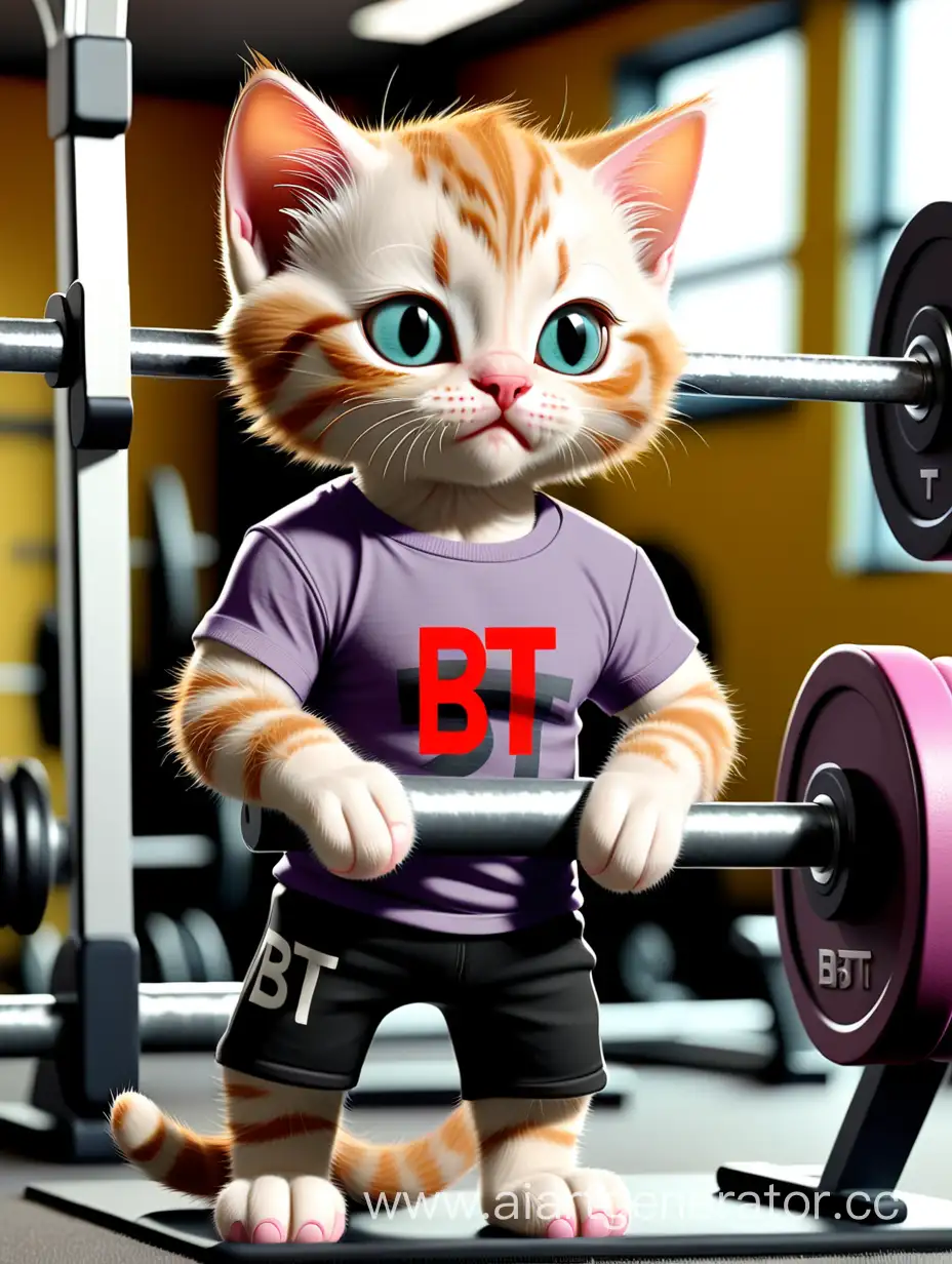 Котёнок в майке с буквами BT в спортзале 