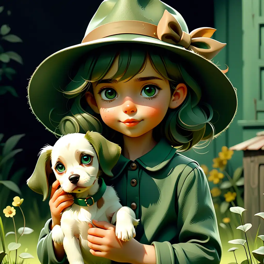 Adorable Dark Green Girl with Hat and Puppy