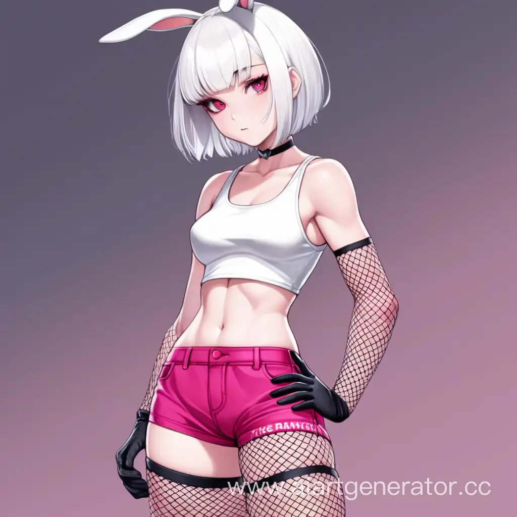 The rabbit girl. Short white hair. Red eyes. Pink shorts and a tank top. Fishnet stockings and gloves. In full growth. Low