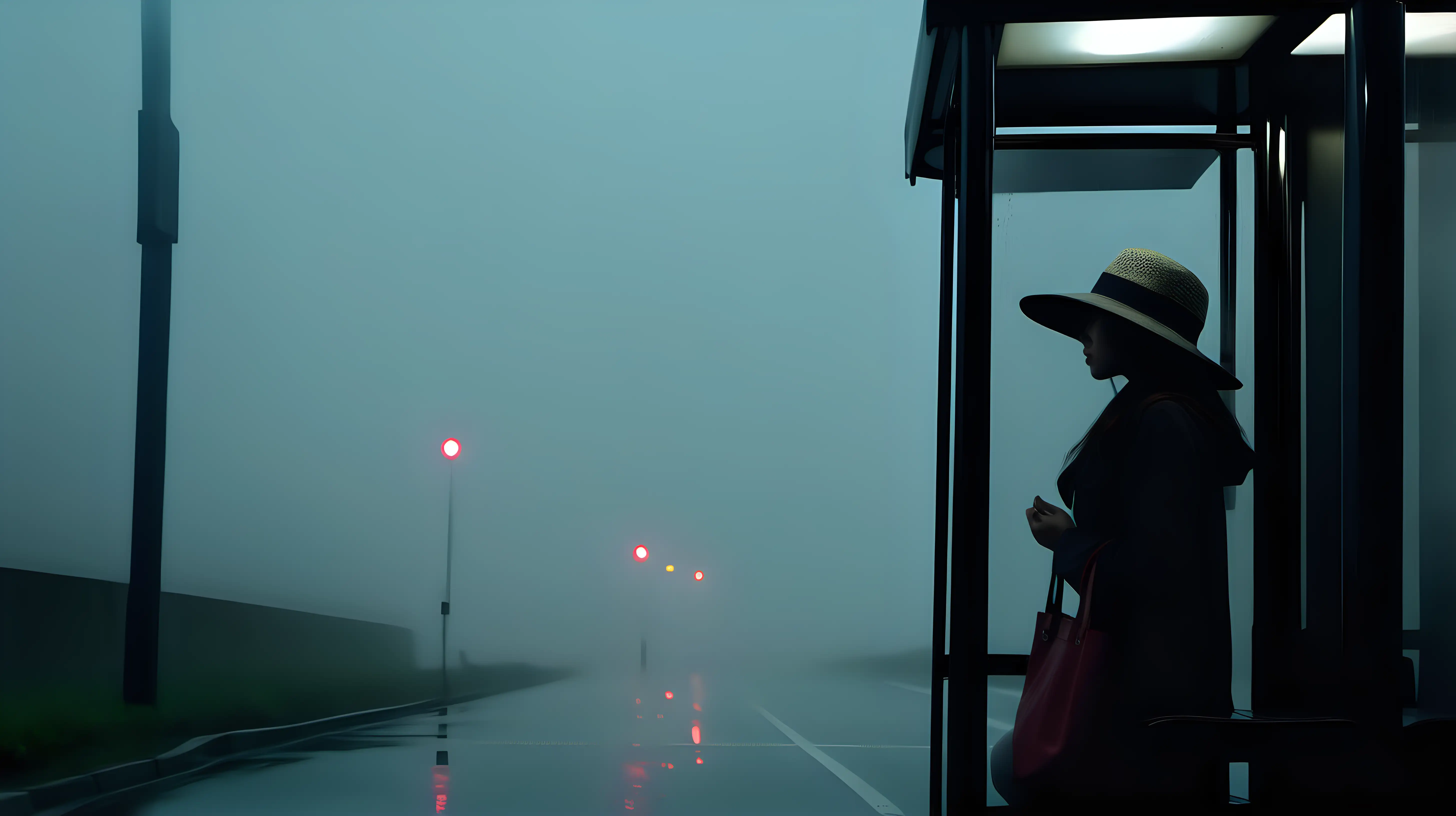 Elegant Women with Hats at Bus Stop in Enchanting Foggy Atmosphere