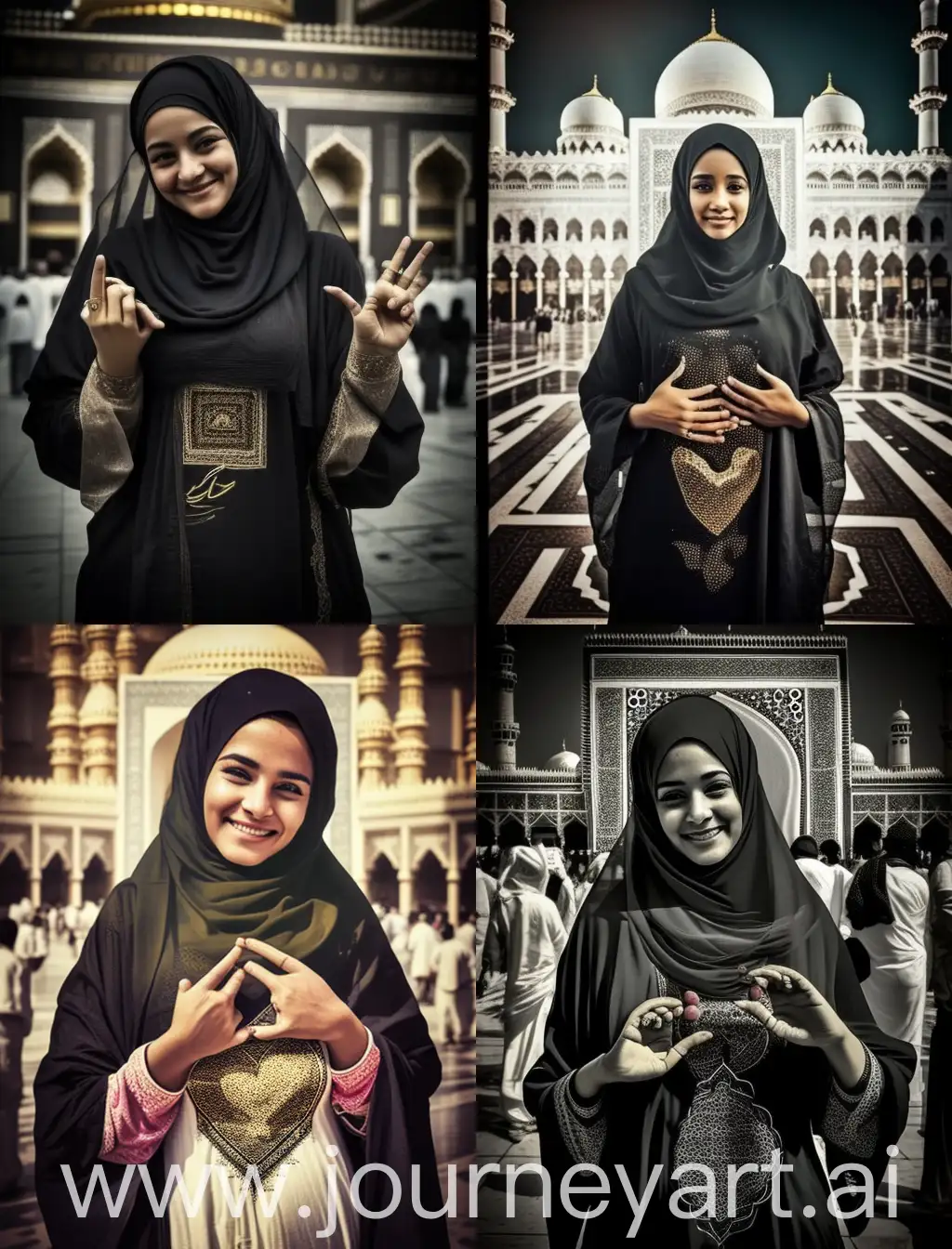 Indian woman (muslem) standing posing like a model on the Islamic religious Kaaba, heart sign hand gesture, smiling. 1Girl, Abaya cloth, Best Quality, Masterpiece, Ultra High Resolution, original photo