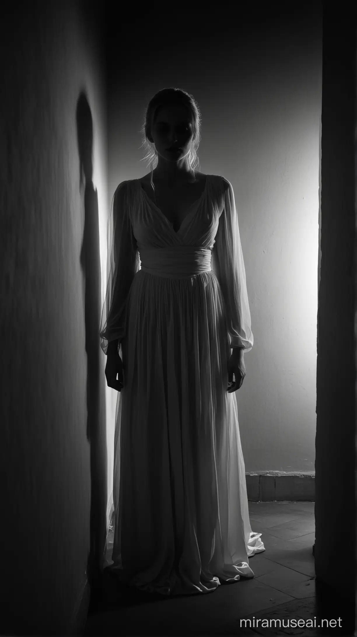 silueta de un espectro de una mujer vestida de blanco con rostro palido, en un rincon de una habitación oscura en la noche