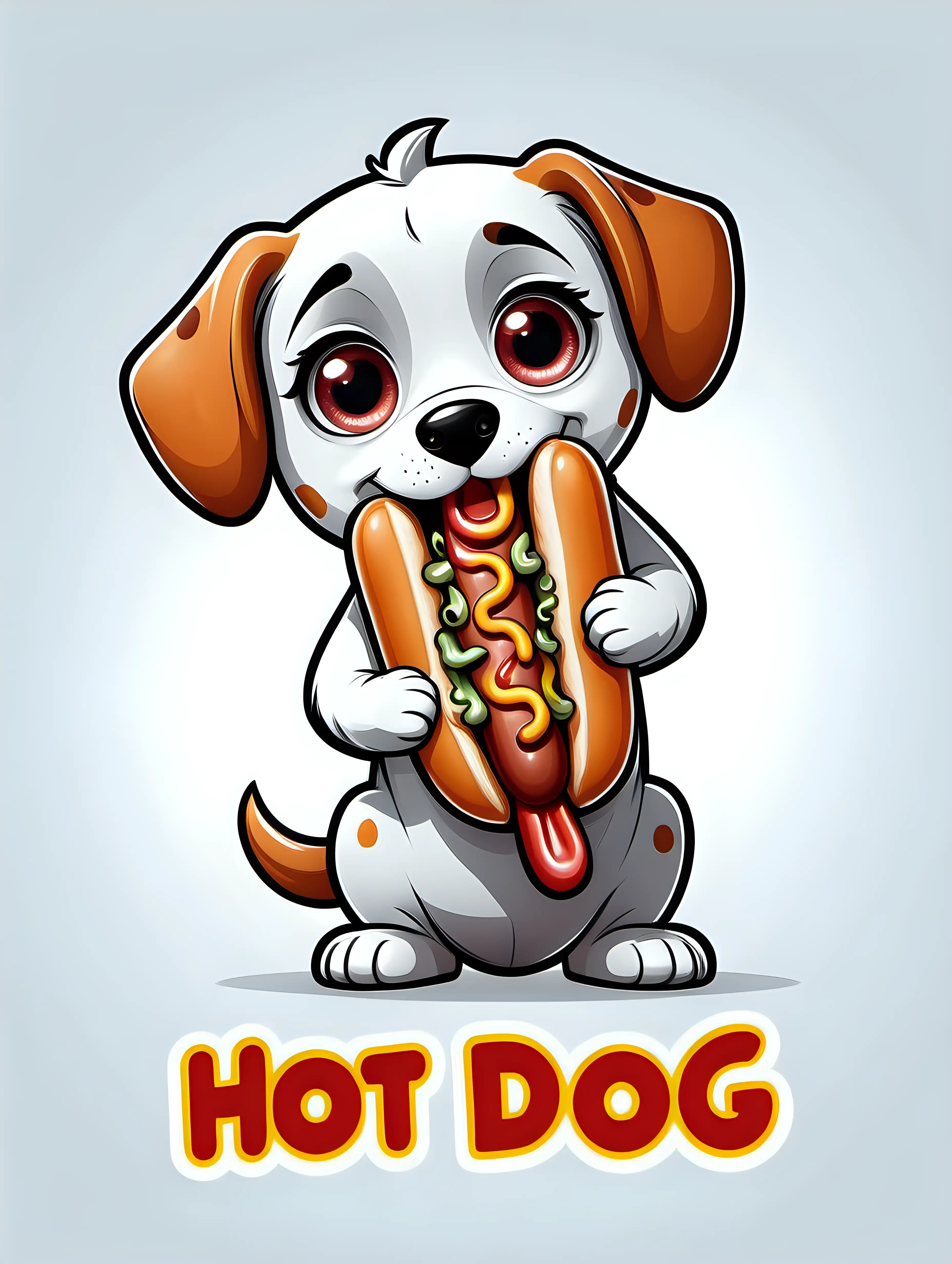 cute dog character, eating a hot dog, big cute eyes, pixar style, simple outline and shapes, coloring book cover, comic book flat vector, white background