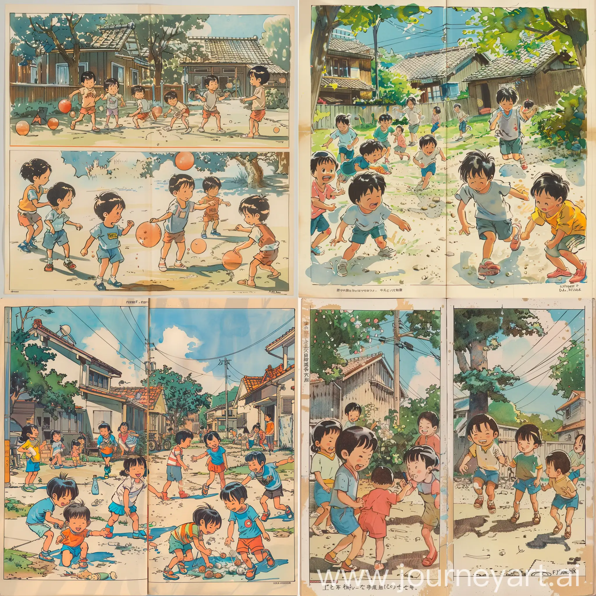 A two-page spread illustration from the obscure 1980s shōjo manga Kiteretsu Daihyakka, capturing a lively scene of neighborhood children playing together outside on a sunny afternoon. Rendered in Fujio F. Fujiko's iconic cartoonish stylings, with his signature emphasis on exaggerated and emotive facial expressions. Inspired equally by the slapstick hijinks of Doraemon and laidback realism seen in such works as Obake no Q-tarō. Rich atmospheric shading and backgrounds evoke the carefree days of summer vacation through a nostalgic lens.
