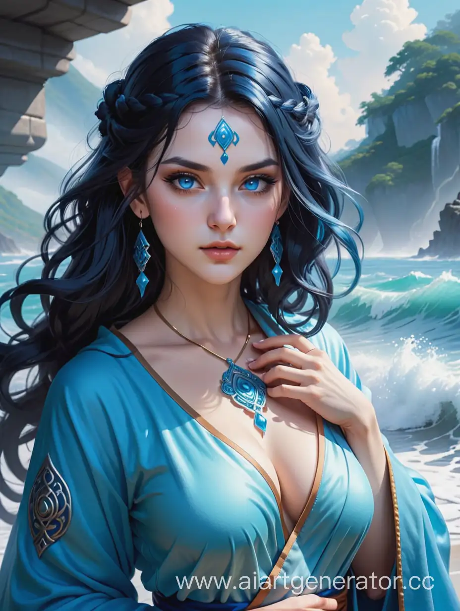 фэнтэзи Девушка дженази воздуха, глаза цвет морской волны, бледно-голубая или белая кожа, темно синие волосы, в голубых робах монаха воина