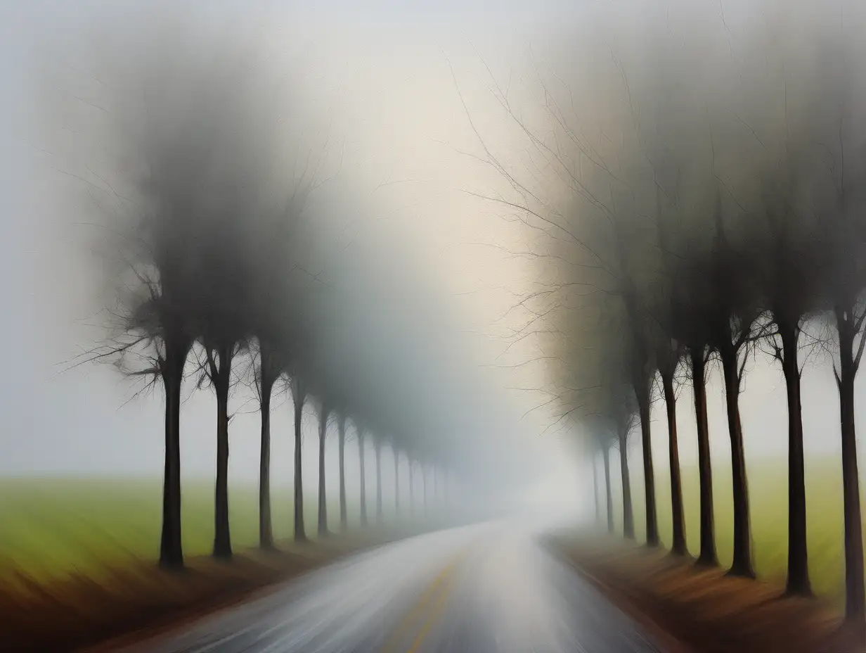Semi Abstract misty country road painting, several trees lined up on both sides  