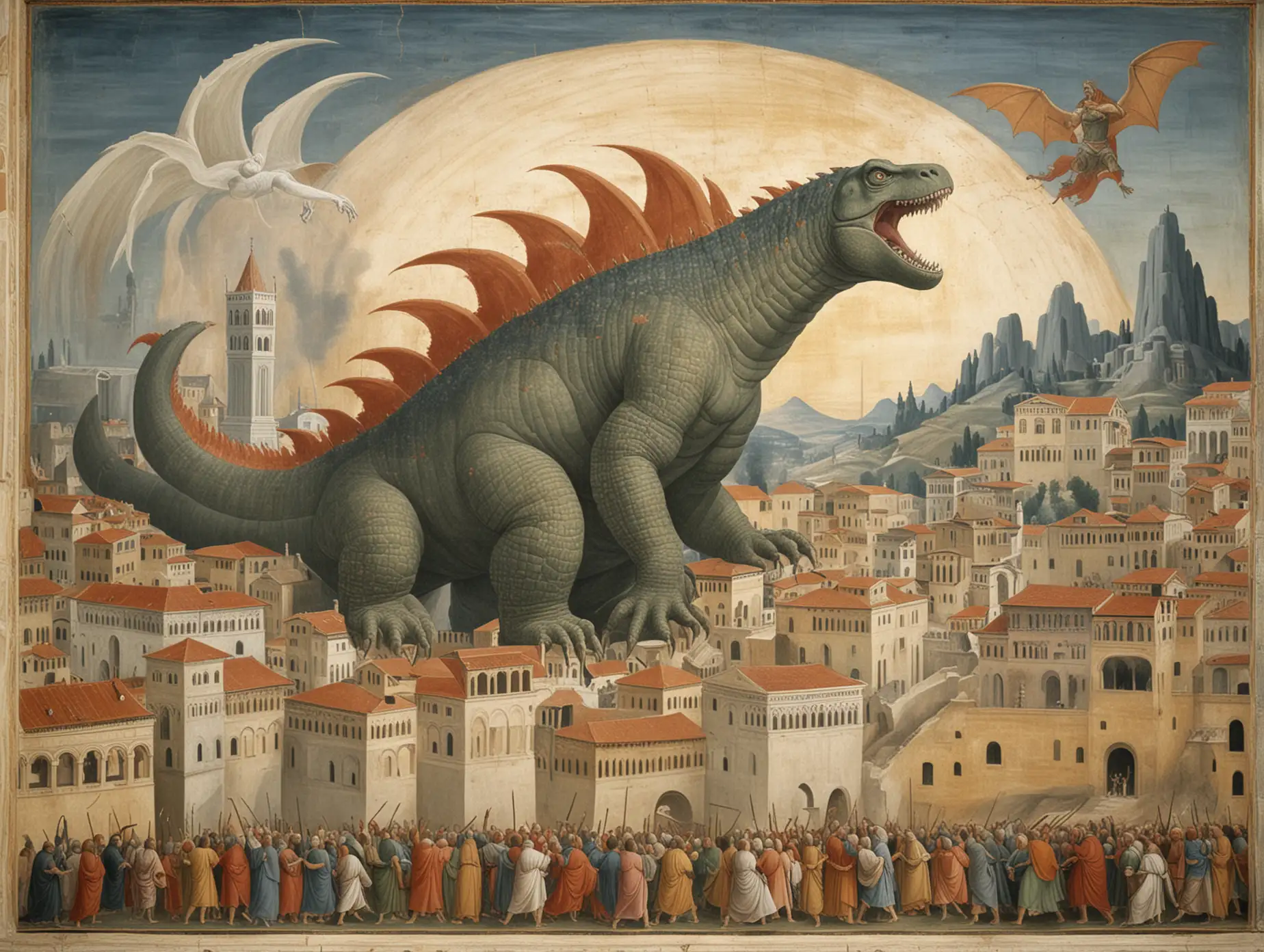 Giotto fresco, showing Godzilla attacking a Roman town