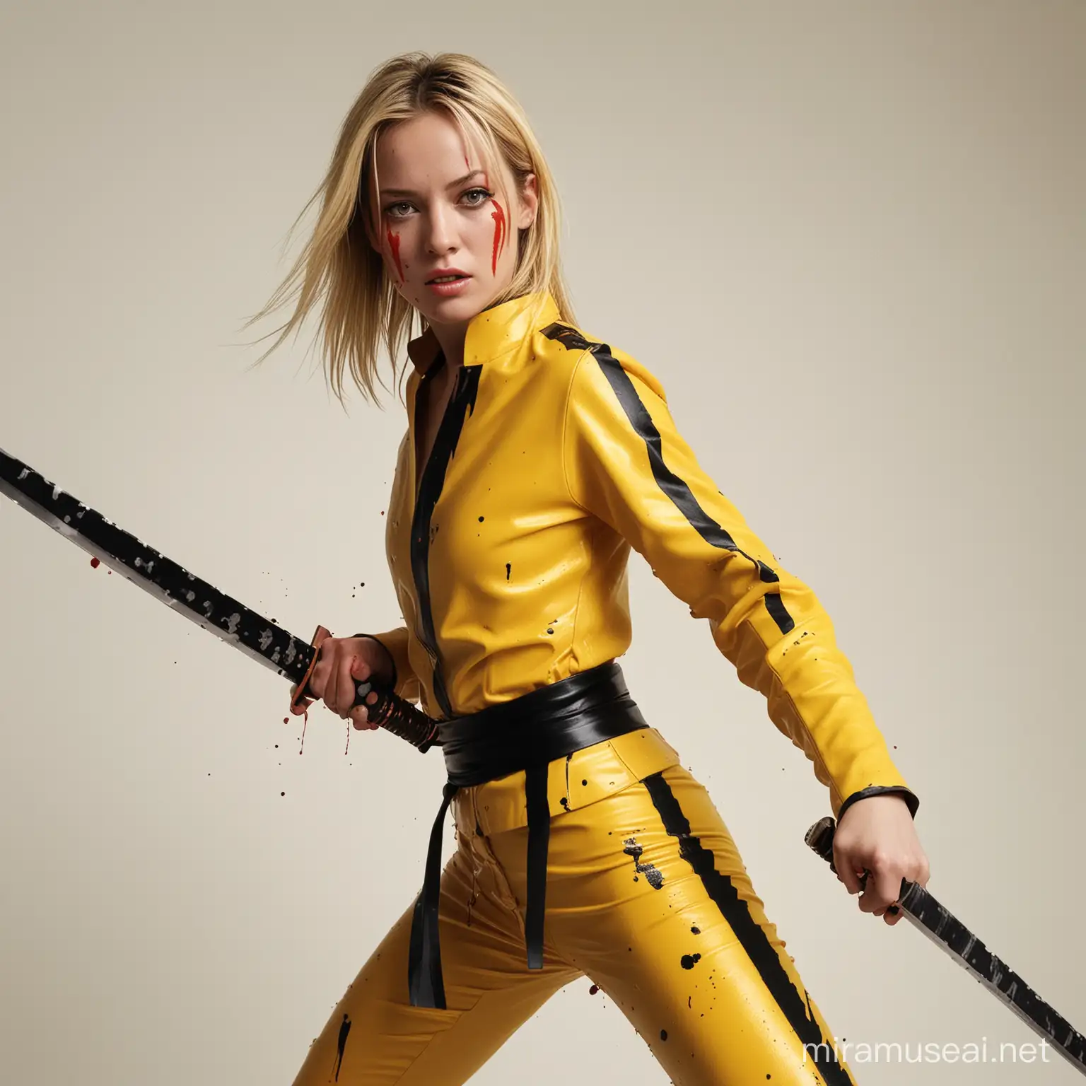 Hyper detailed realistic photography of image for the film kill bill ep. 2 featuring the female main character in a yellow costume with black stripes playing a katana, the texture and color are very firm and clear, white background with red paint spots,