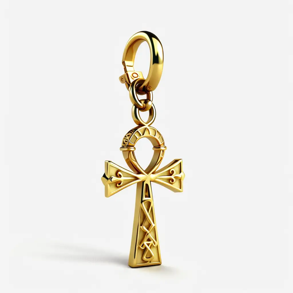 Luxurious Solid Gold Ankh Charm with Spring Lock Clasp on White Background