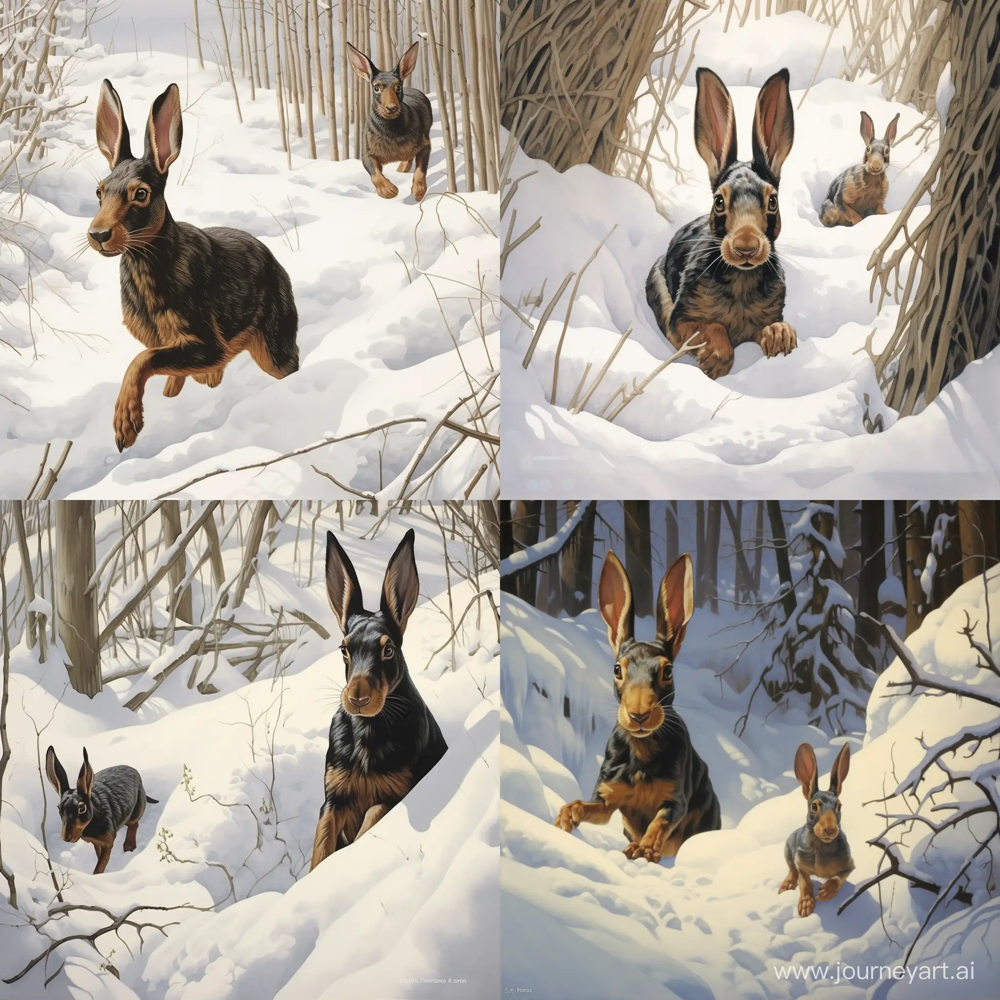 very detailed doberman chasing a rabbit in the snow