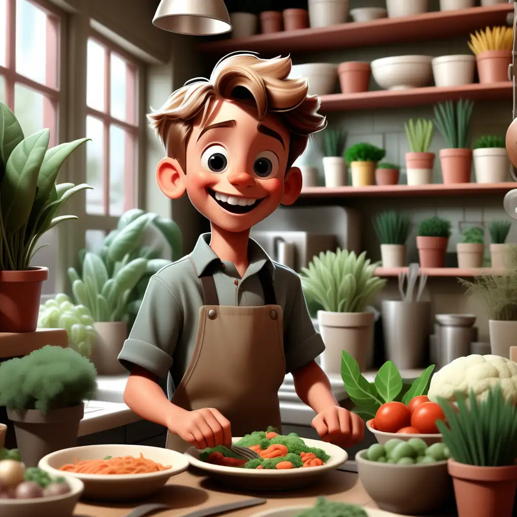 genera una imagen de un chico joven feliz, atendiendo su negocio de comida que es un lugar bonito casero con muchas plantas que la imagen sea tipo Disney.