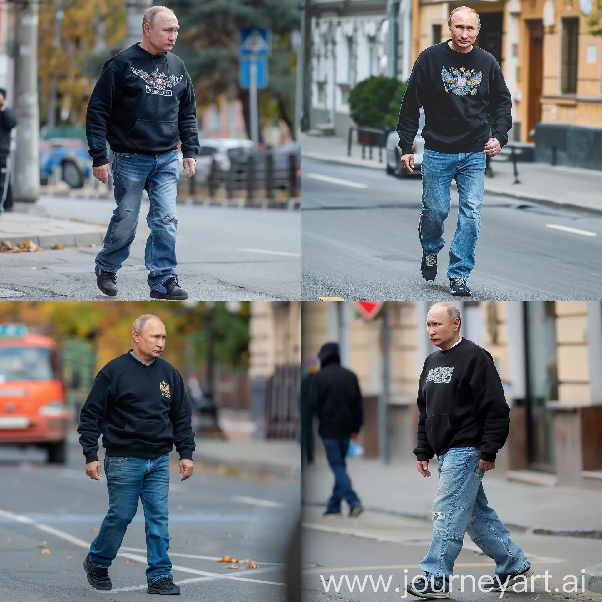Путин в чёрной толстовке и синих джинсах идёт по улице