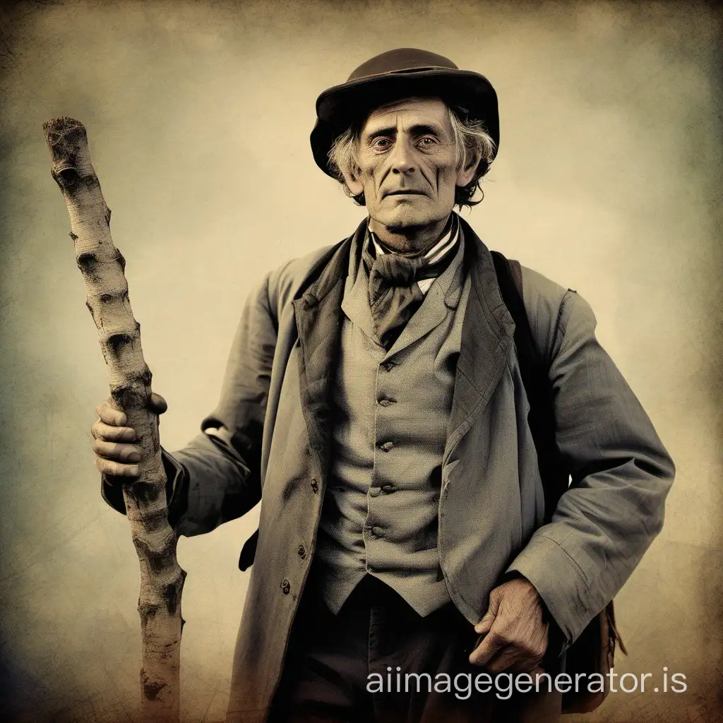 Create a realistic photograph of a man in the 19th century. The photograph will be taken in the city of Digne at sunset. The man will be between 40 and 50 years old, of medium stature. He is dressed in a shirt and a worn-out jacket. He will carry a bag and a gnarled stick.