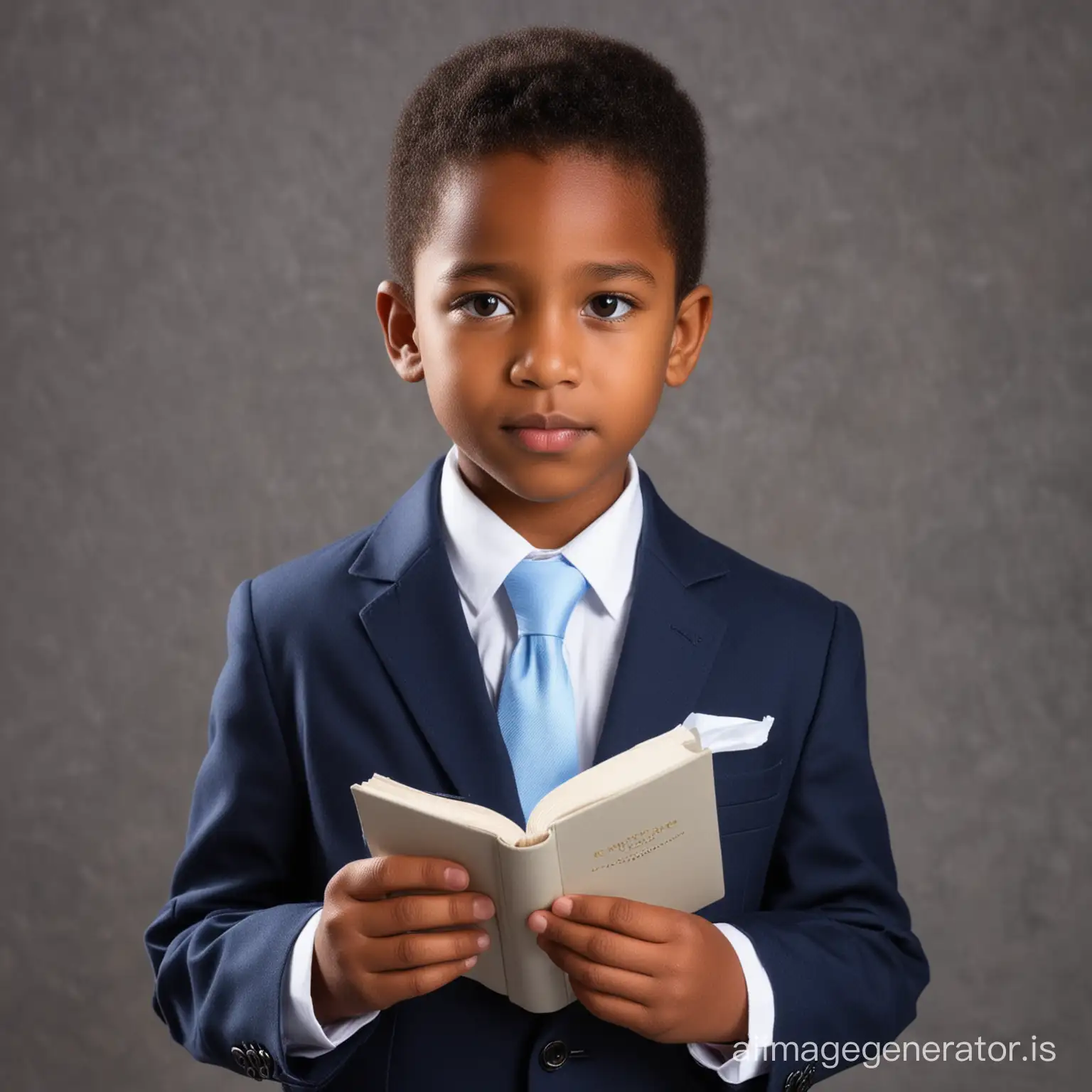 Communion Boy Dark Skin wearing navy blazer, white shirt and light blue tie.   Boy to hold a medium sized white book in his hands.  Lapel to have a very small cross