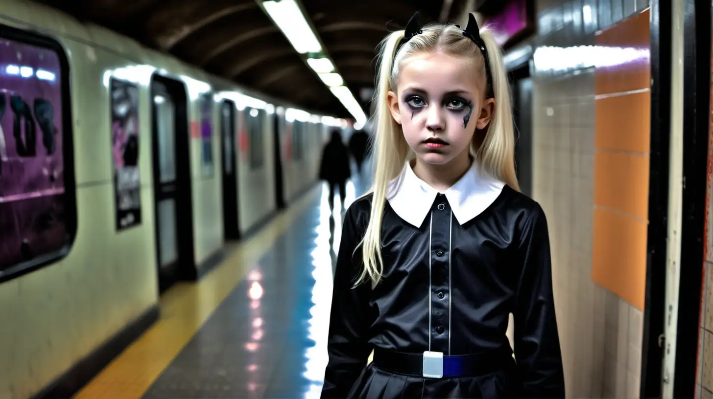 Gothic Little Girl in Shiny Schoolgirl Uniform with Mom in Neon Subway Corridors