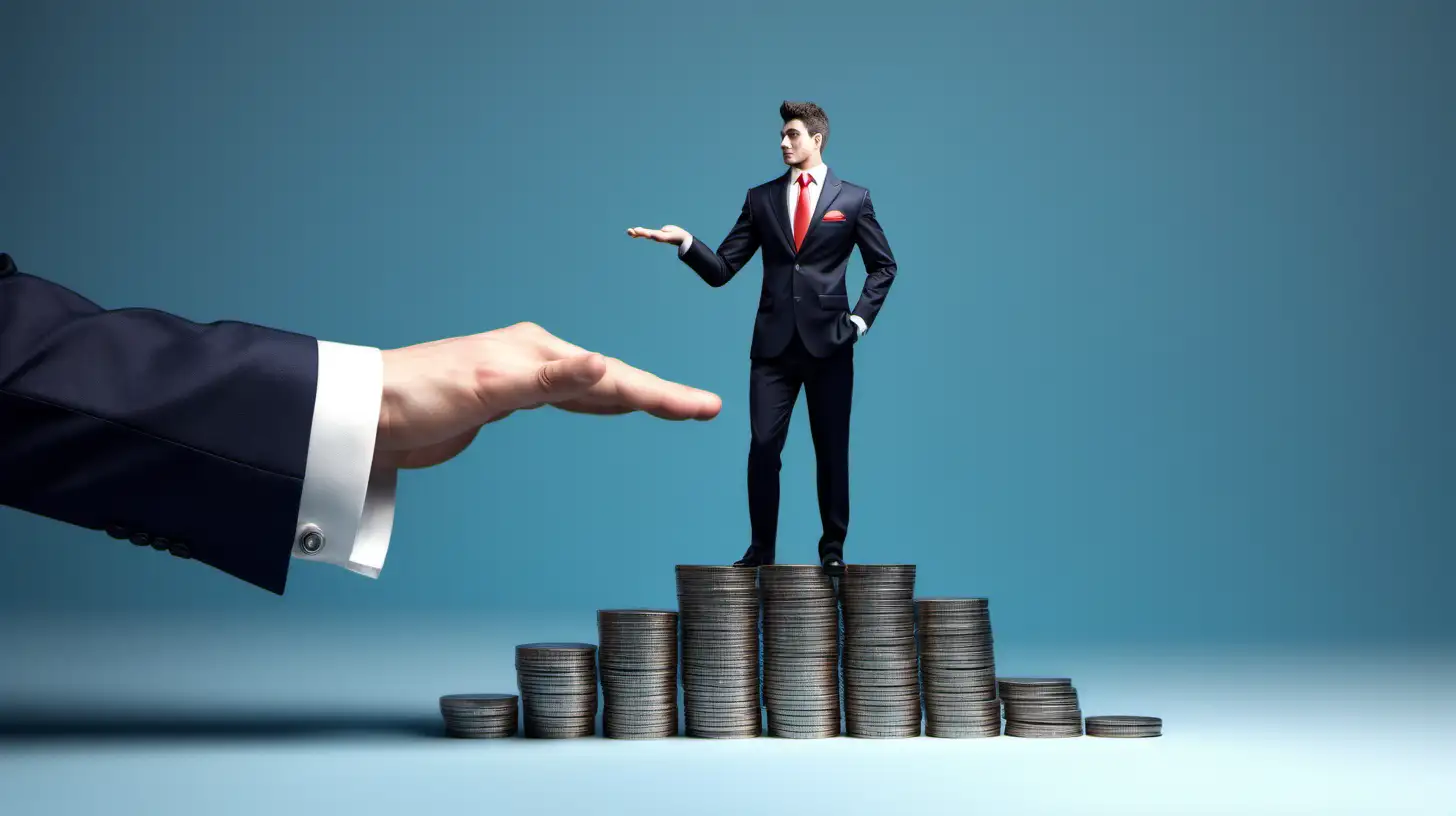 Illustrate  initial coin offering by using a man suit with a stack of coin openly offering it to people, make it have many people around so that it looks like he's trying to make them the coin 