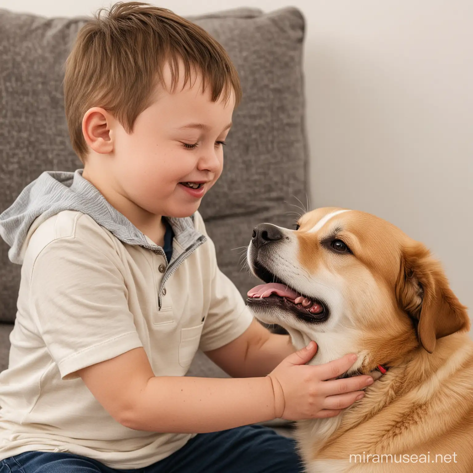 a boy with down syndrome petting a dog