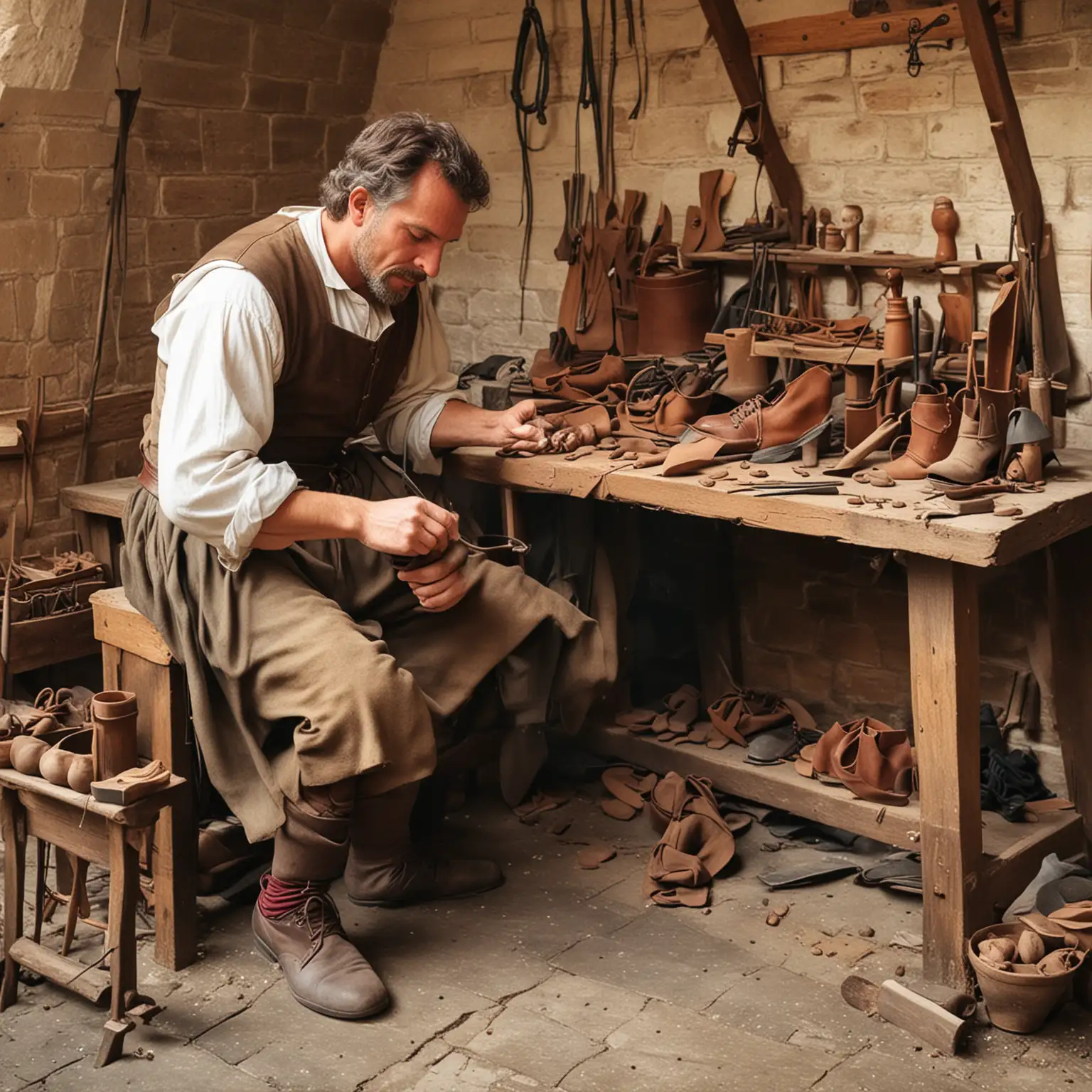A medieval shoe maker at work
