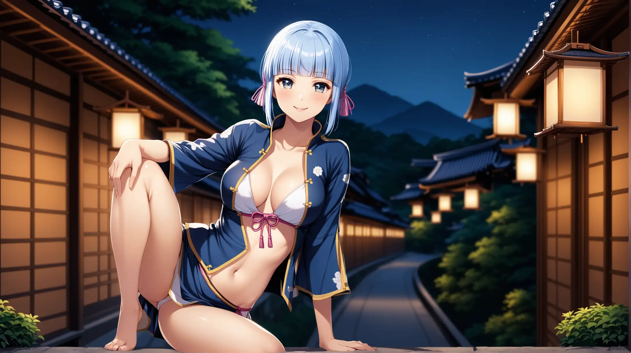 Draw the character Ayaka Kamisato, high quality, dim lighting, long shot, outdoors, seductive pose, revealing outfit, erotic, smiling at the viewer