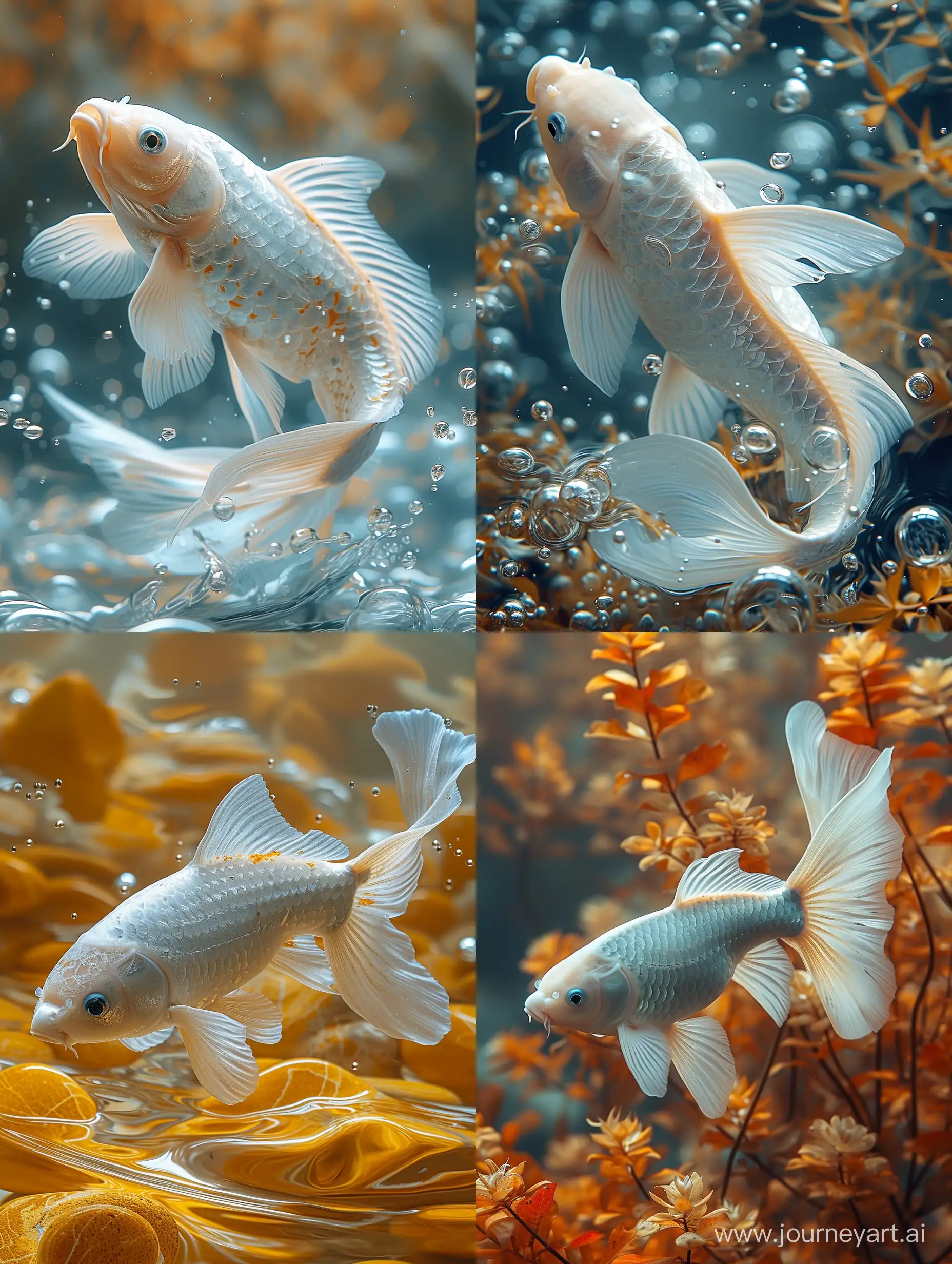 A single white Koi swimming in the clear water basin | Style: Realistic Photography | Highlighted Details: Clear water, White Koi | Texture: Noble, ornamental fish, powerful, domineering | Atmosphere: Lively --ar 3:4 --s 750 --v 6.0
