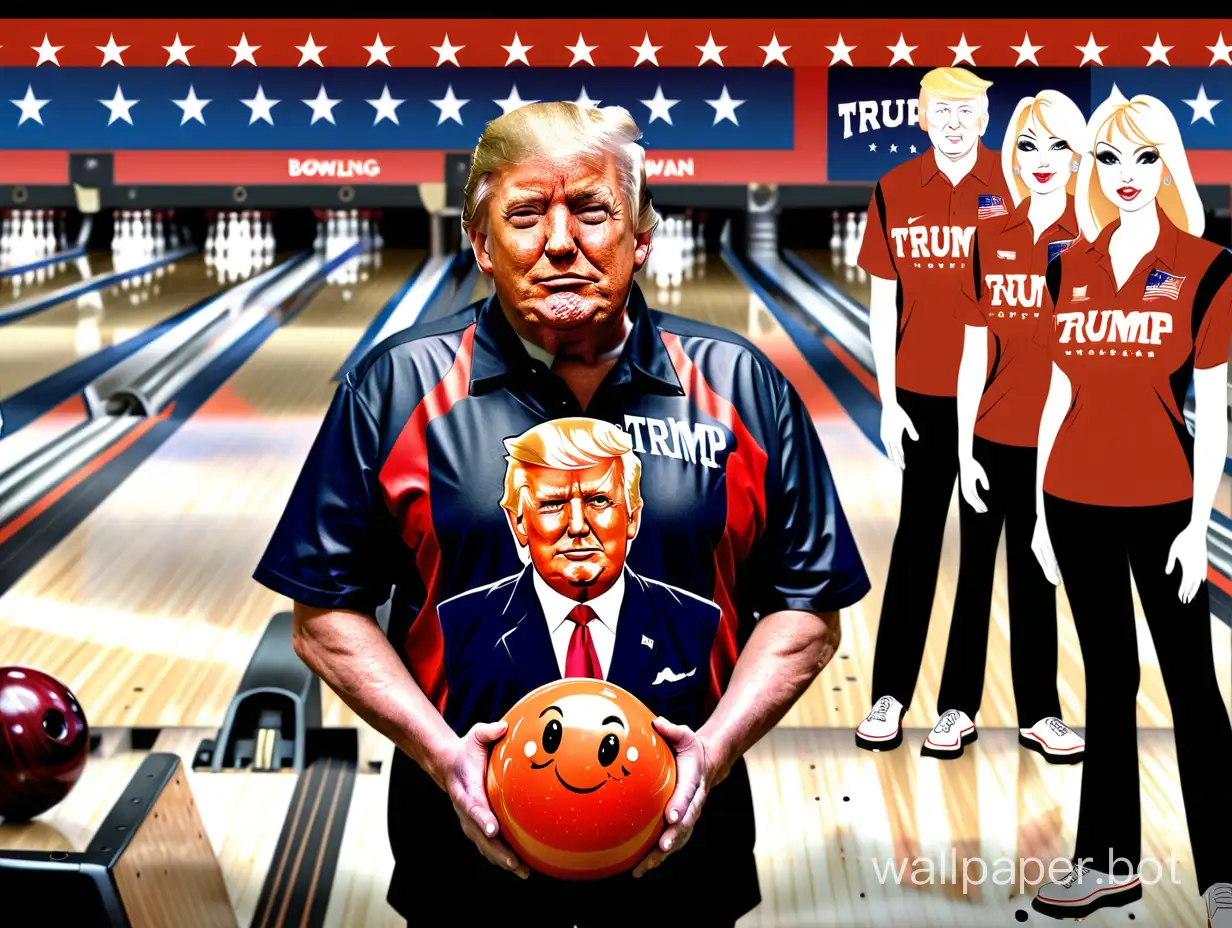 In the background are bowling alley lanes. In the foreground holding a bowling ball and wearing a team shirt is President Donald Trump, detailed facial features.