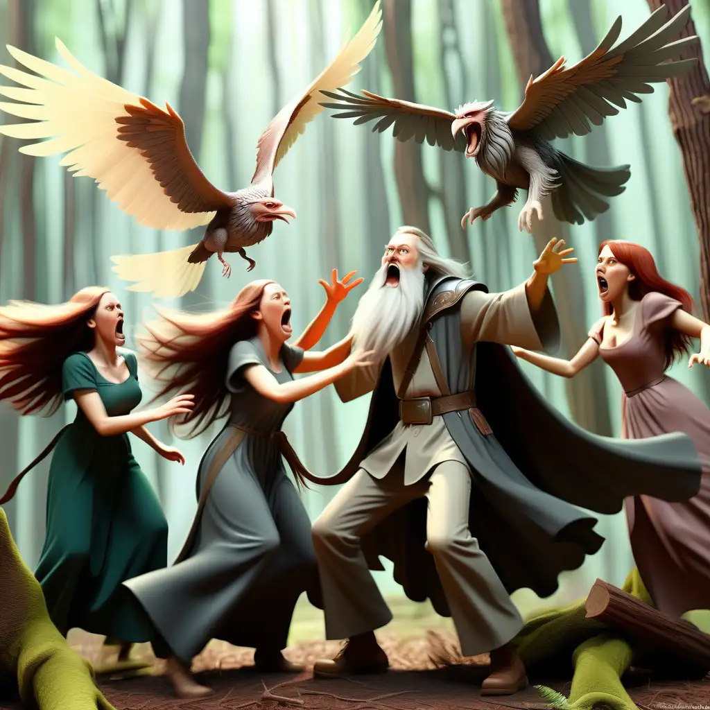 женщины с крыльями, нападают на волшебника с длинной бородой в лесу