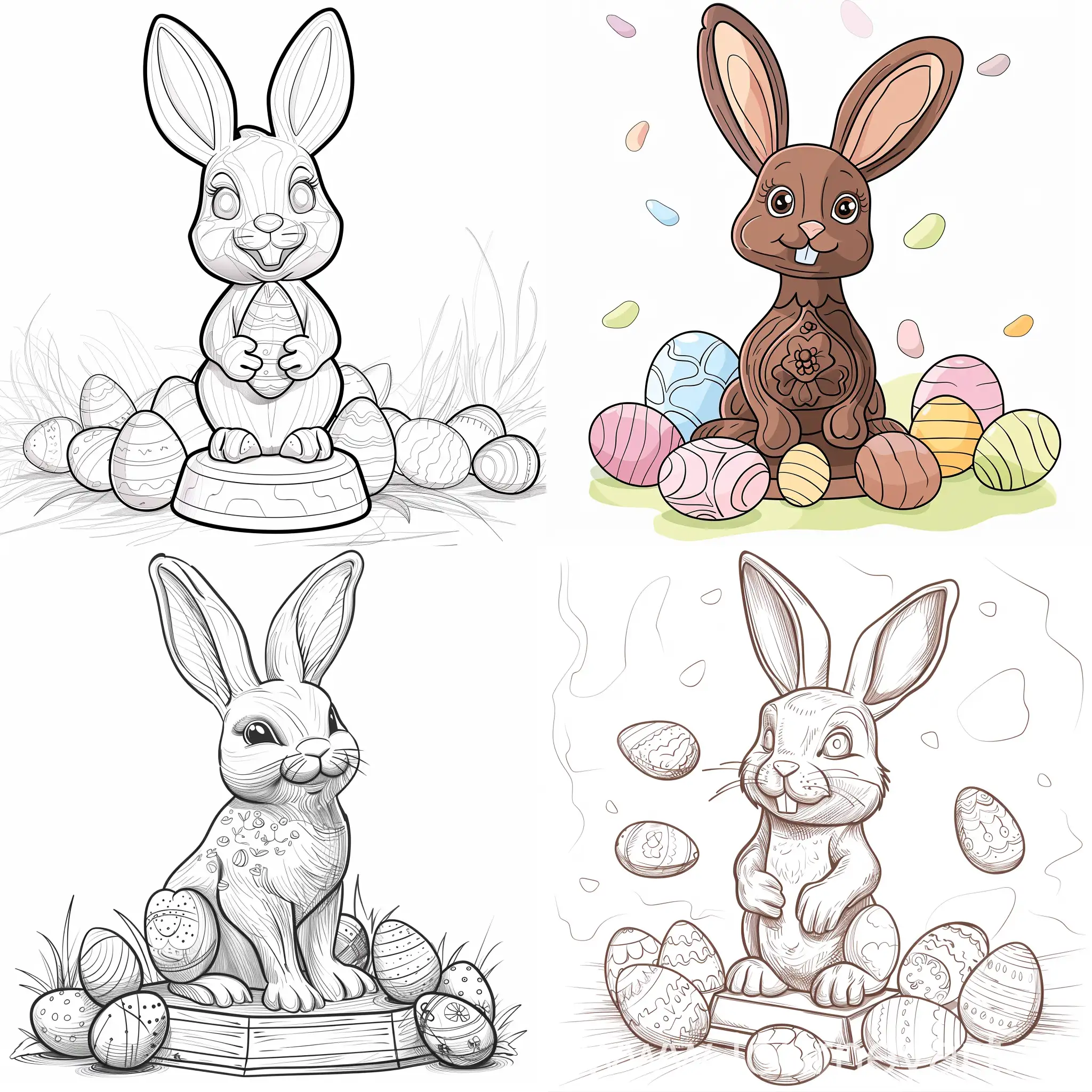 A simple perfect outline cute cartoon drawing of a chocolate Easter bunny statue surrounded by real Easter eggs for a children's coloring book without shadow, can see the full image, without any crop, no details