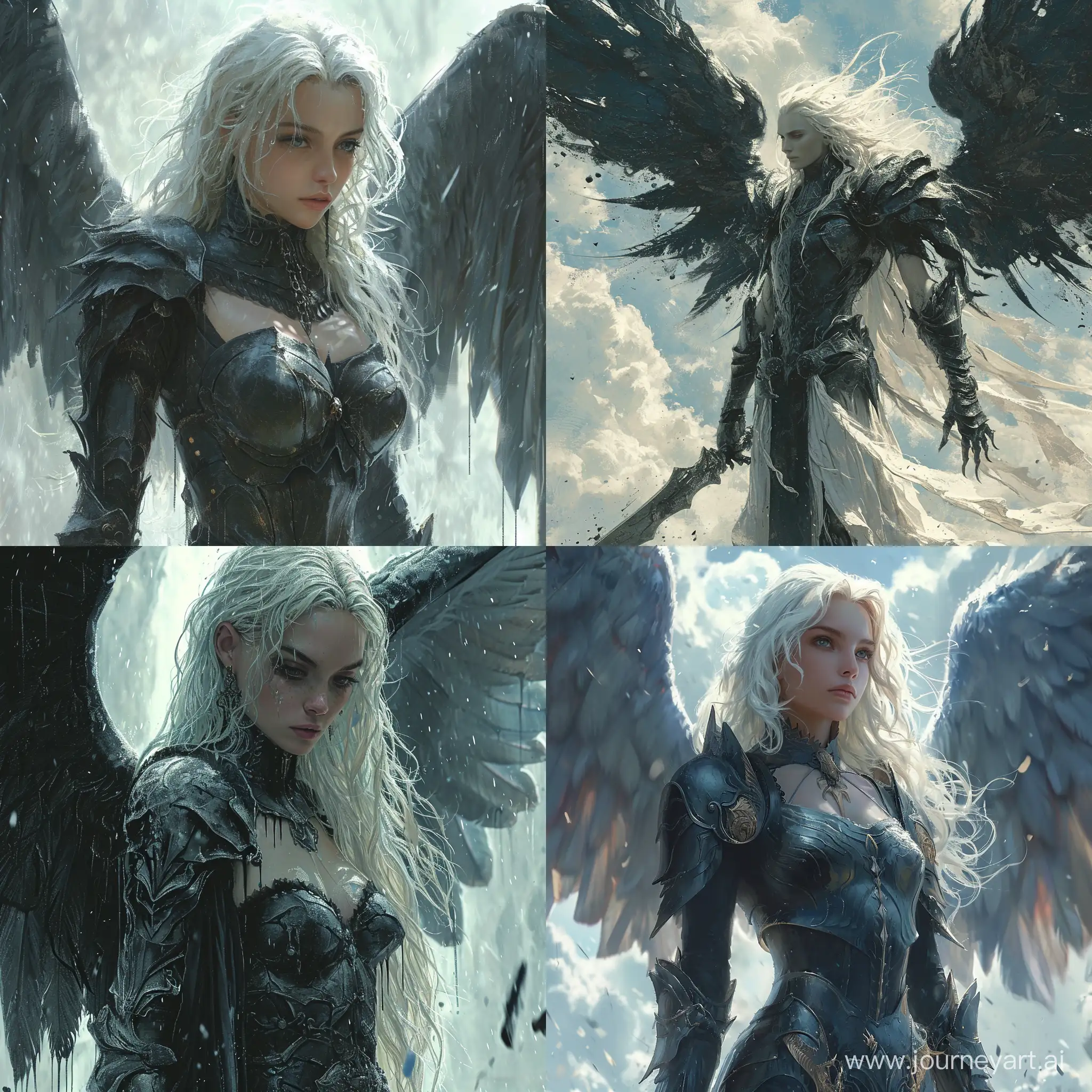 Cartoon::1.3 dark angel with large black wings, standing in front of a sky background with white and blue hues, the angel has white hair and is wearing a armor-like outfit, the wings are spread out and there are black paint drips trailing from them, --s 500