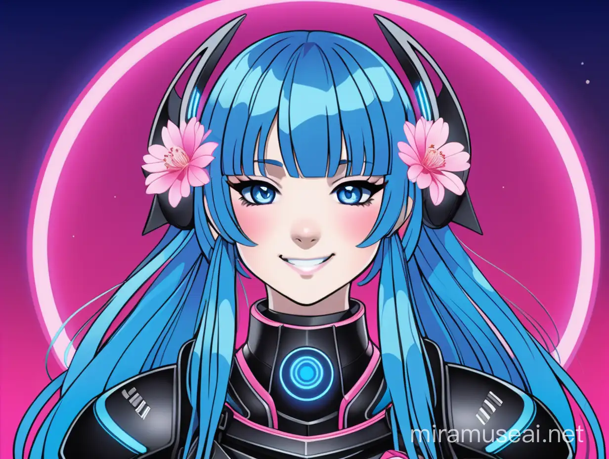 a anime japanese style girl with long blue hair and a pink flower in her hair, smiling with pink cheeks and wearing futuristic black armour with neon blue trim, looking on the front wise, dark blue circle background with black gradual vignette simple vector
