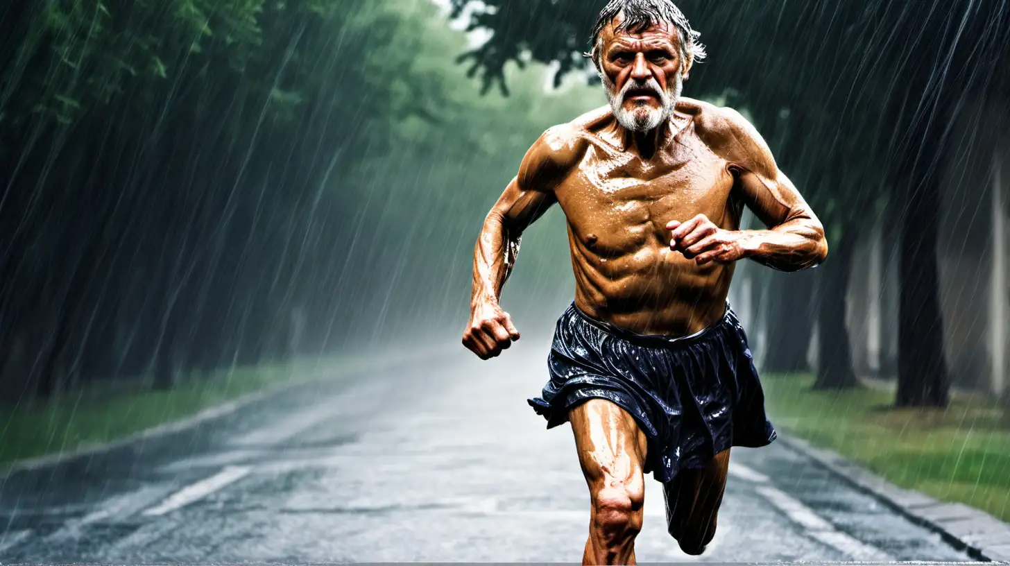 Seneca. Greek Philosopher. In todays day 2024. Running in the rain