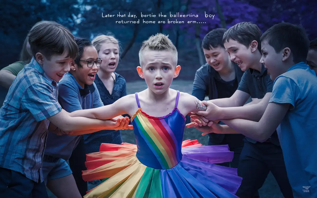 A cute young 7-year-old little boy, full-body, facing the camera, able to see the facial features and short smart spiky blonde hair shaved on the sides, bravely transforms into a elegant rainbow ballerina dress, he is standing in a park, the boy is scared and sad and panicking that his so-called friends are restraining him and bullying him and laughing at him and hitting him, photograph style, the photograph is captioned “Later that day, Bertie the ballerina boy returned home with a broken arm…”