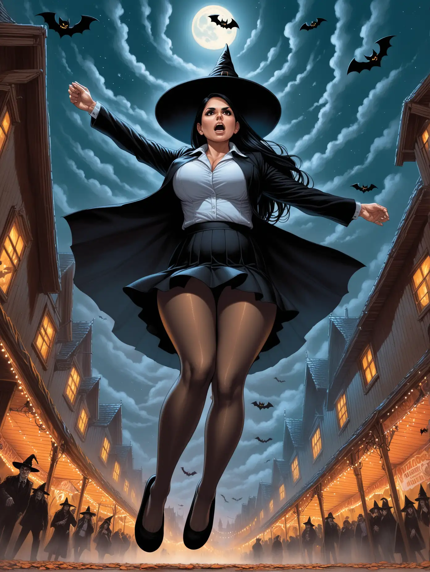 Voluptuous,  Mature Priti Patel, short pleated black skirt suit, wide stance at carnival[Highly Detailed] Bernie Wrightson art style, below angle, witch hat, pantyhose, halloween night, realistic, skirt lifting up, looking down in disbelief, slippers falling