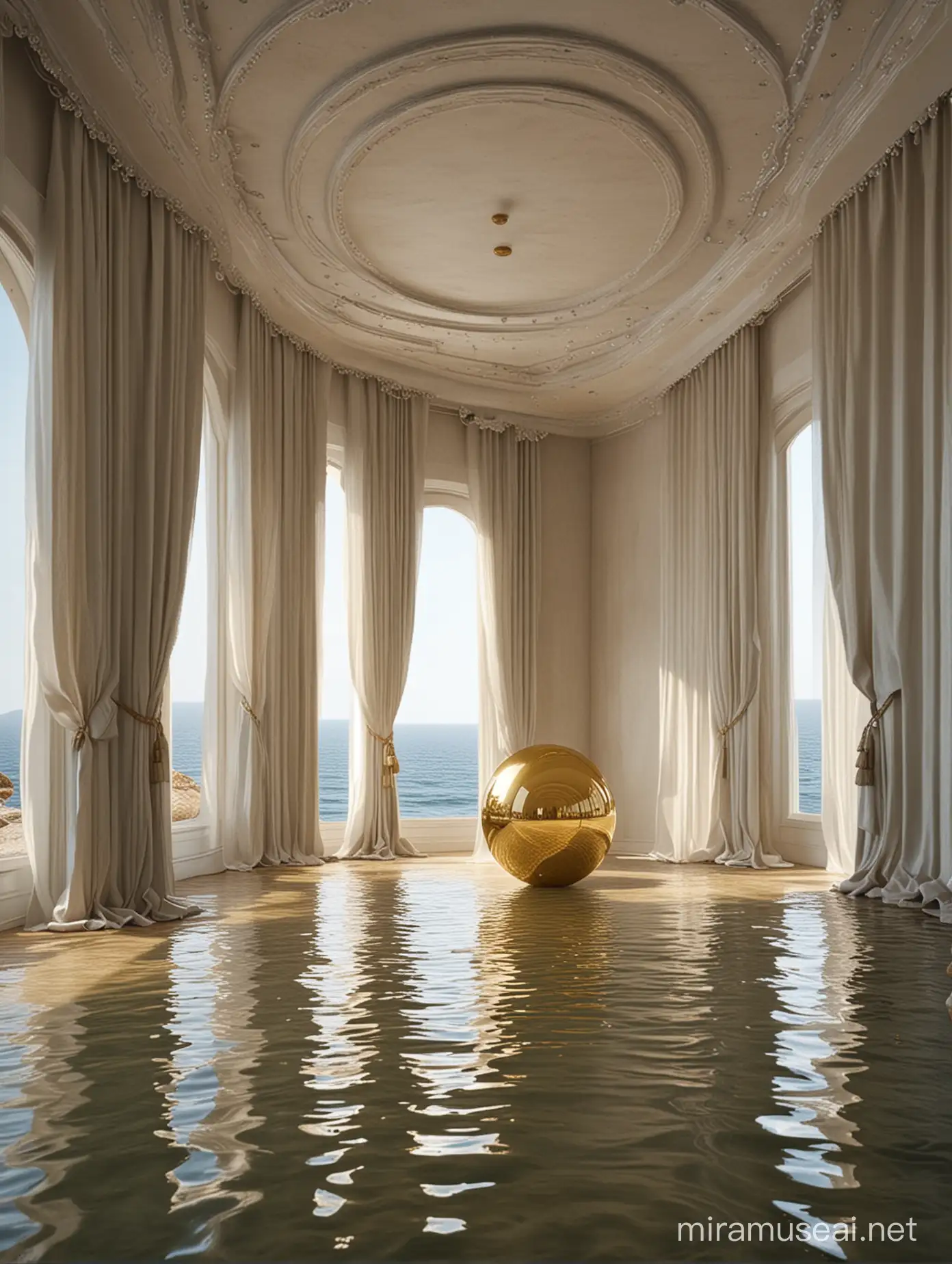 Sculptural Tranquility Golden Sphere in Curtain Room with Water Floor