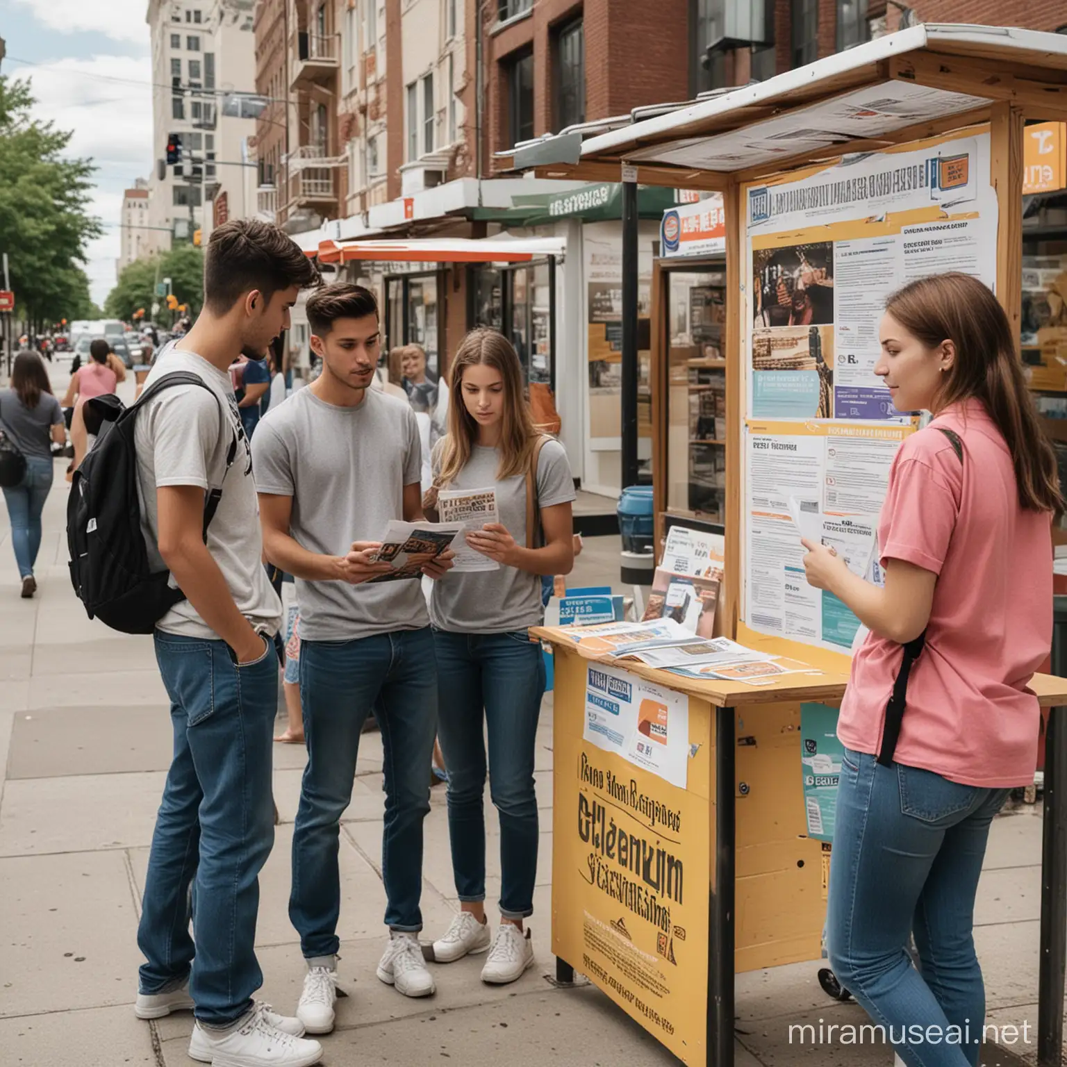 young adults standing around an information booth, reading flyers and posters.