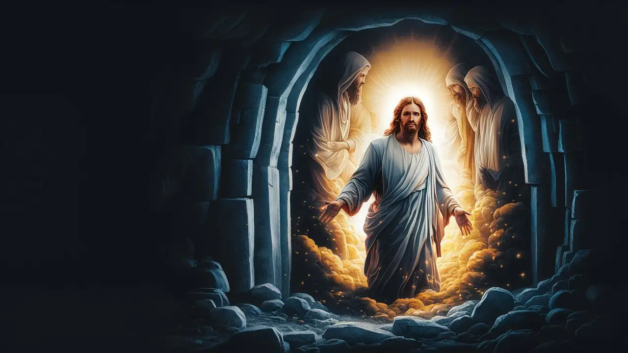 Dramatic Resurrection Scene Jesus Emerges from Tomb into Radiant Light