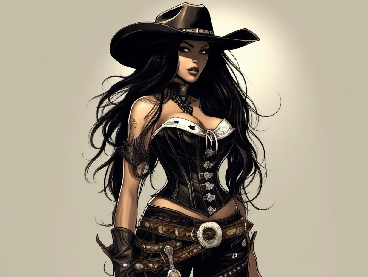 Latina Cowgirl with Long Black Hair and Corset in Western Concept Art