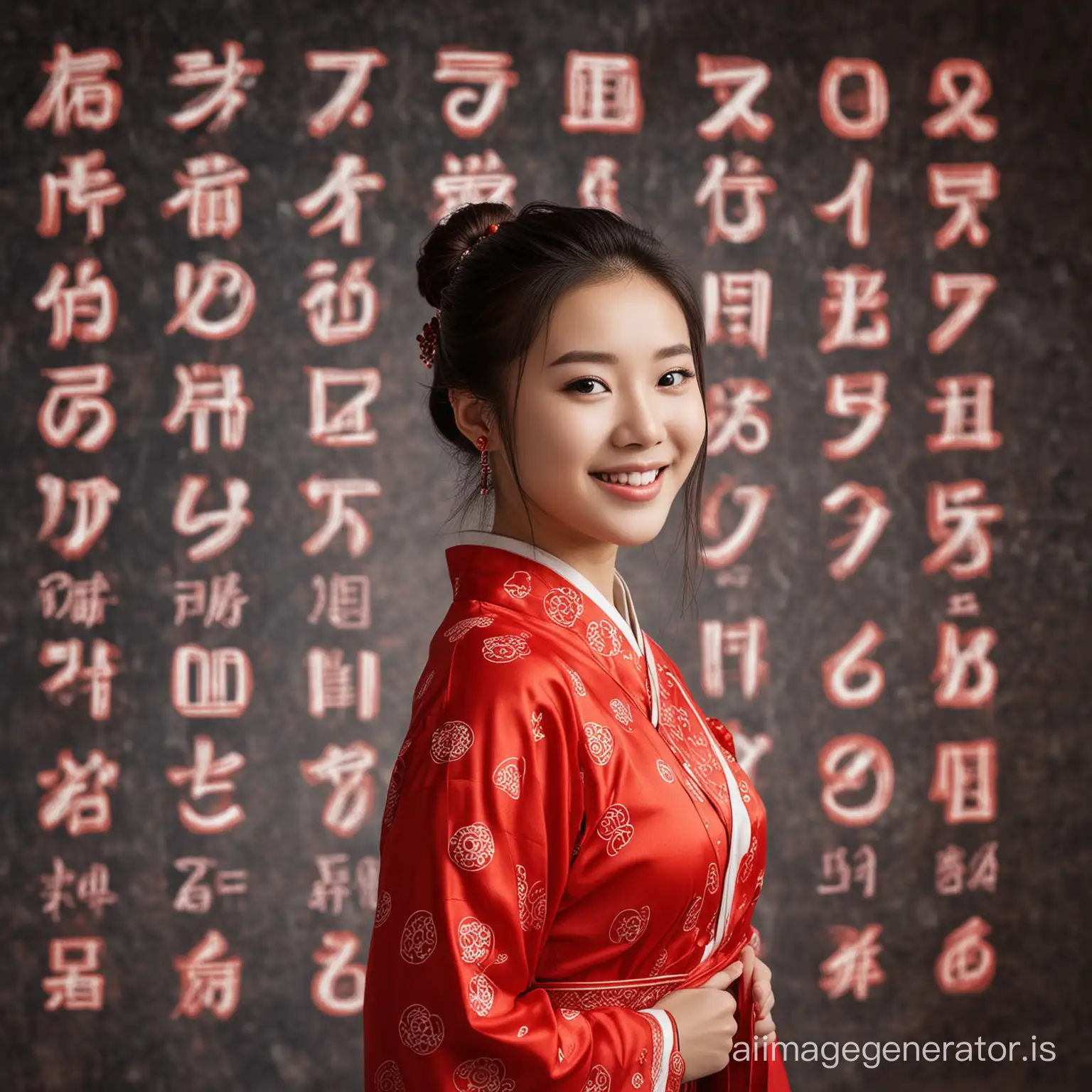 Extremely beautiful Chinese girl, Cheerful face, Standing among the numbers, Chinese culture, Lucky number symbols, unlucky number symbols