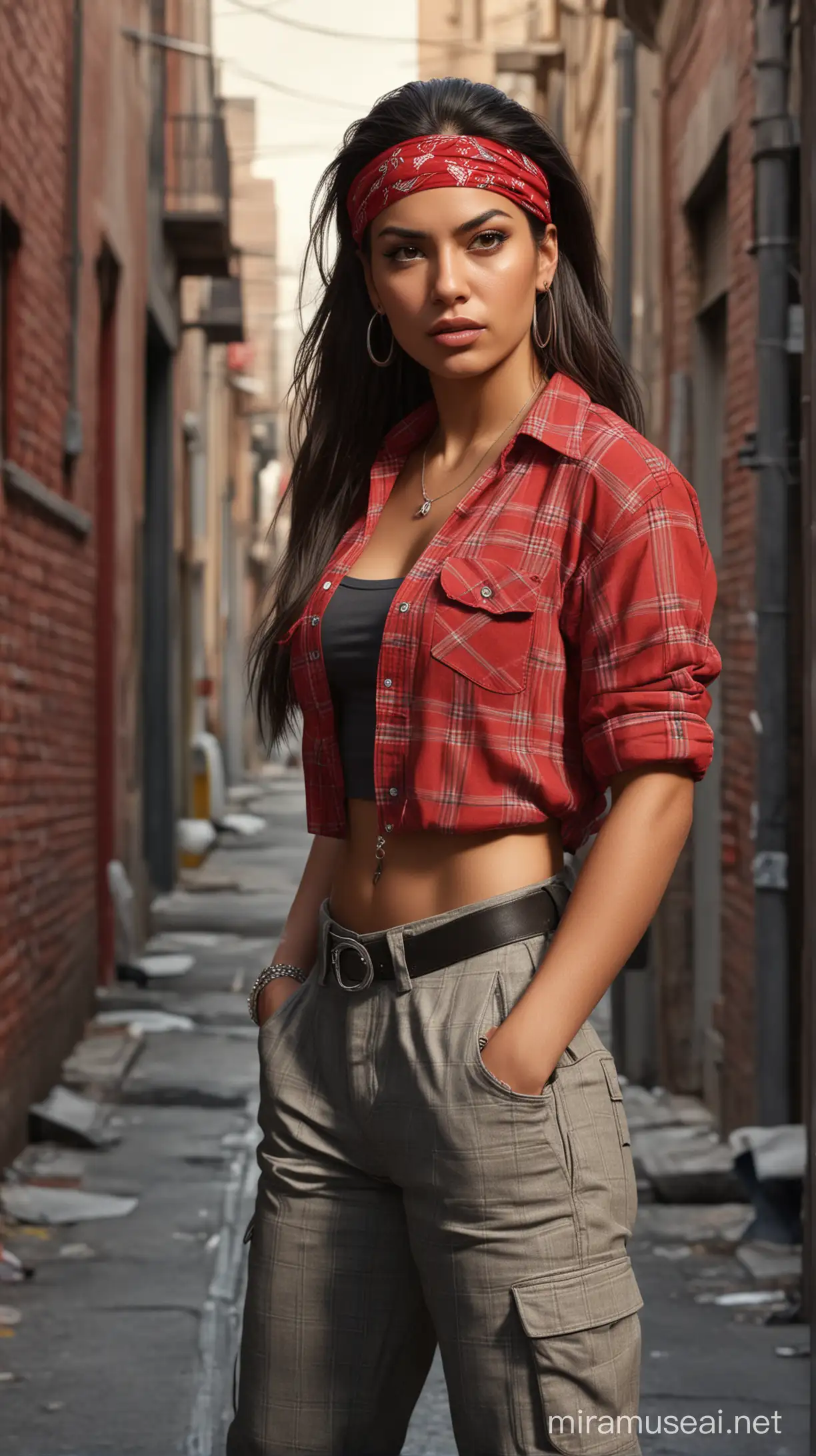 realistic digital illustration depicts a long straight haired female hispanic gangster standing in the middle of an alley,he is look fierce,wear wear red bandana covering her forehead and eyesbrow,a checkered shirt and loose kargo pants,a hispanic style outfit.a muscle car is in the background,rule of third,photorealistic,iso300 __ realistic v6