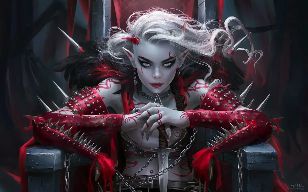 Young thin sexy female elf with very long white hair, pale white skin, lots of body red tattoos, black glowing eyes and lots of running eye makeup. Wearing red studded leather armor with spikes and black feathers and red ribbons. carrying dagger and chains. setting on a throne with dark shadows in the background