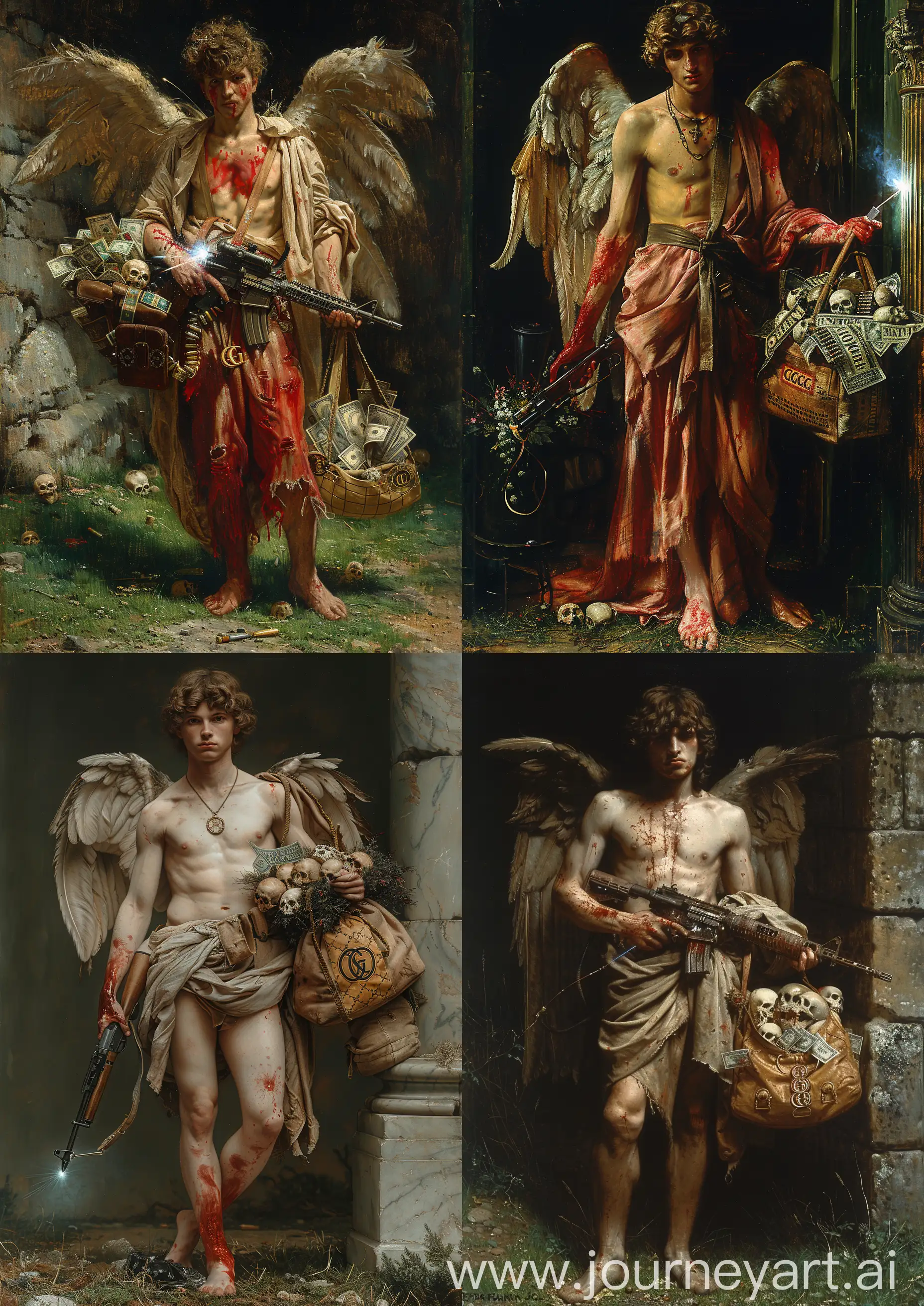 Edward Burne-Jones painting of  a male angel warrior wearing blooded dirty clothes, welding an M16 and a gucci bag full of money and skulls, standing on grass, war tones, detailed, full body --c 22 --s 750 --v 6.0 --ar 5:7
