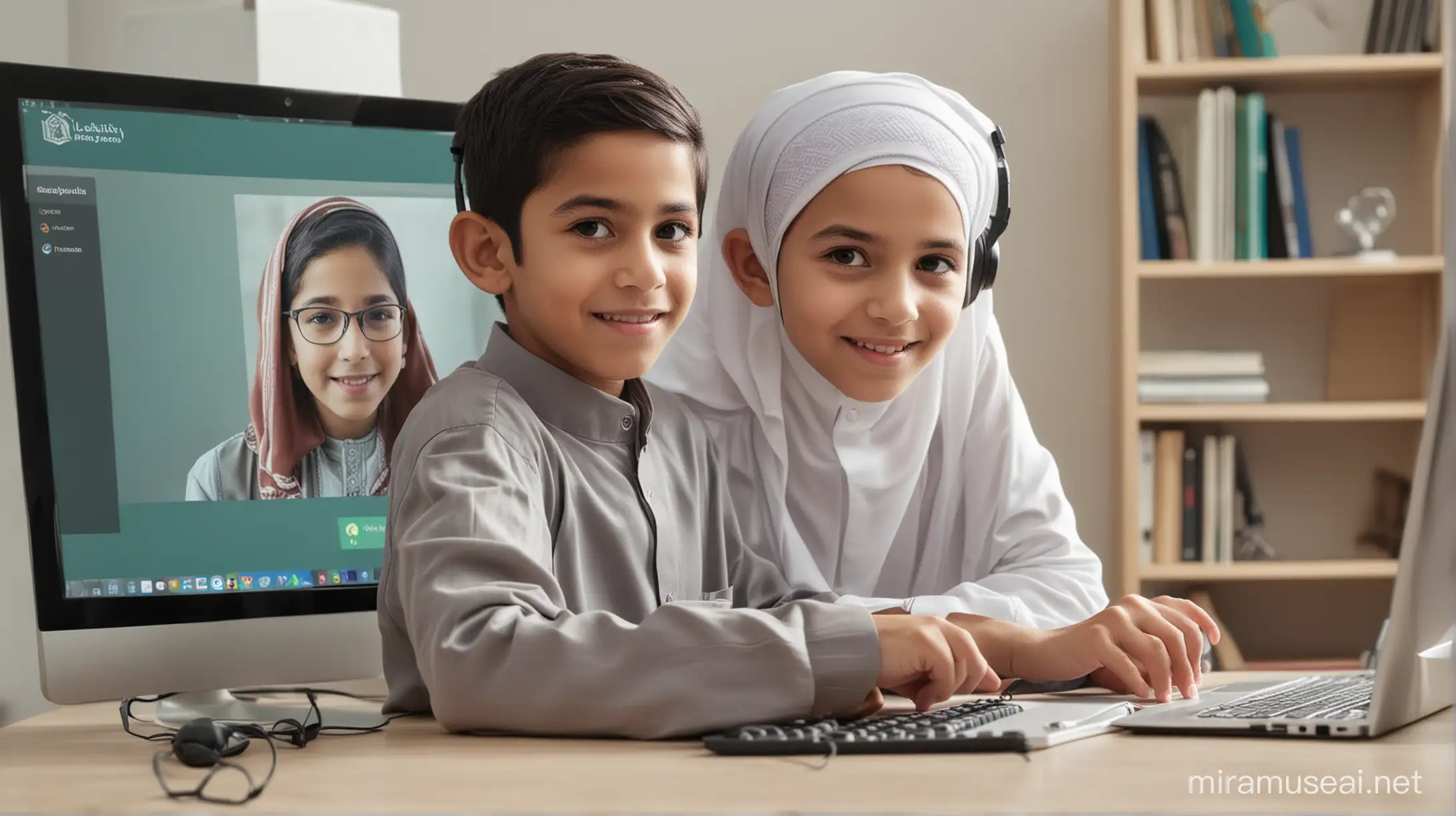 Muslim Boy Engaged in Online Learning with Teacher on Computer Screen