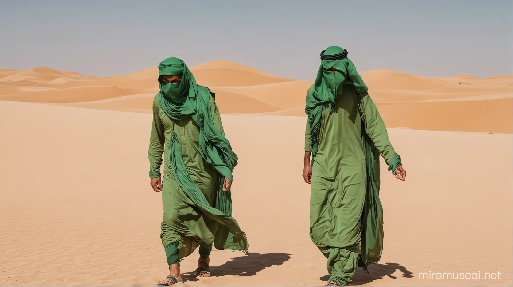 two arab men travelling in desert and one has hide his face through cloth and he is wearing green clothes
