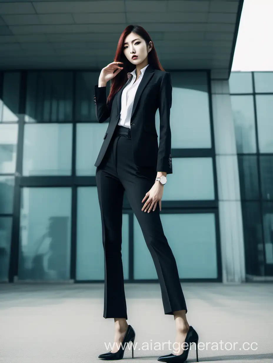 Красивая девушка кореянка высокая на каблуках в деловом костюме, ведьма, глава мафии
