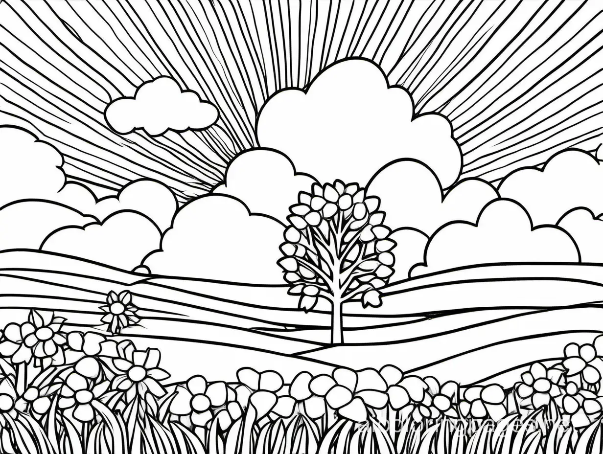 big summer field cloud sky and tree, medium floral flower coloring page black and white, Coloring Page, black and white, line art, white background, Simplicity, Ample White Space. The background of the coloring page is plain white to make it easy for young children to color within the lines. The outlines of all the subjects are easy to distinguish, making it simple for kids to color without too much difficulty