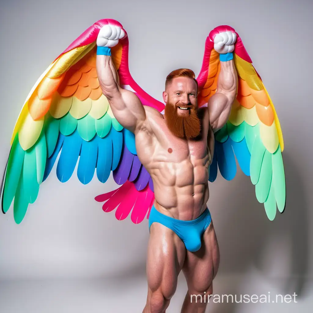 Beefy Redhead Bodybuilder Flexing in Vibrant Rainbow Jacket with Eagle Wings