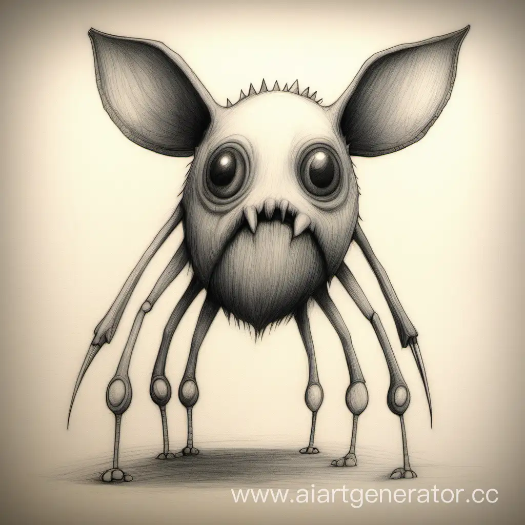 Whimsical-Pencil-Drawing-of-a-Unique-FiveLegged-and-ThreeEared-Fantasy-Creature