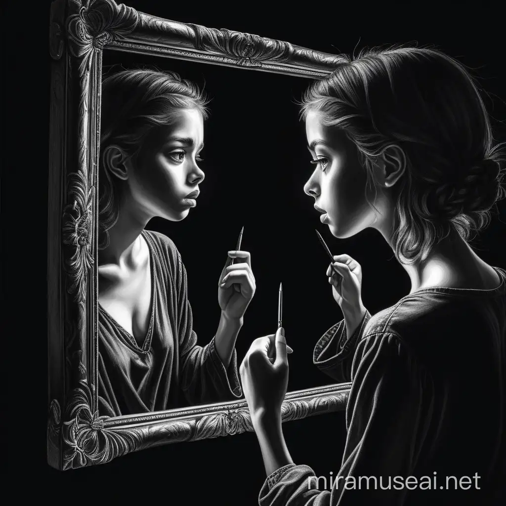 Create a drawing where a person is gazing into a mirror, but instead of seeing their own reflection, they see symbolic representations of their inner thoughts, feelings, and aspirations. Capture the complexity of self-reflection as they confront their fears, desires, strengths, and vulnerabilities through the imagery reflected back at them with a black background