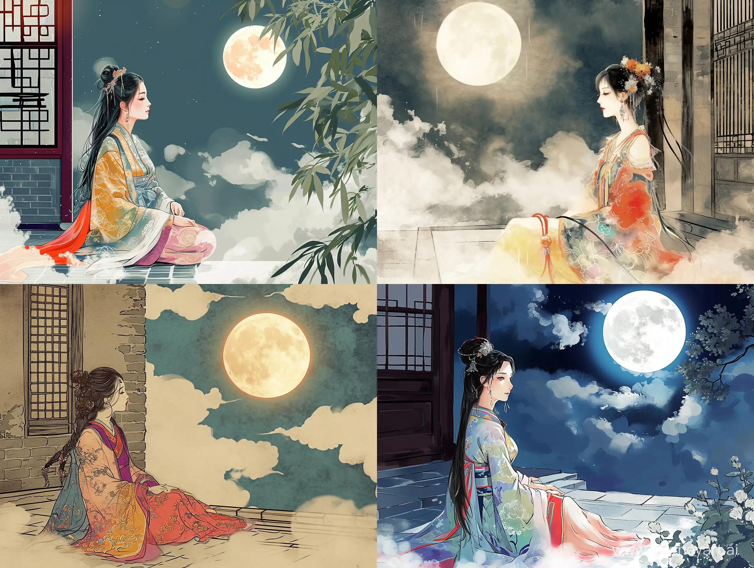 一个美女坐在庭院中赏月，浮云将月光遮蔽，衣着华丽，彩色中国风，水墨画风格，二次元漫画，高清，高级感，大师之作，古代，东方美学。
