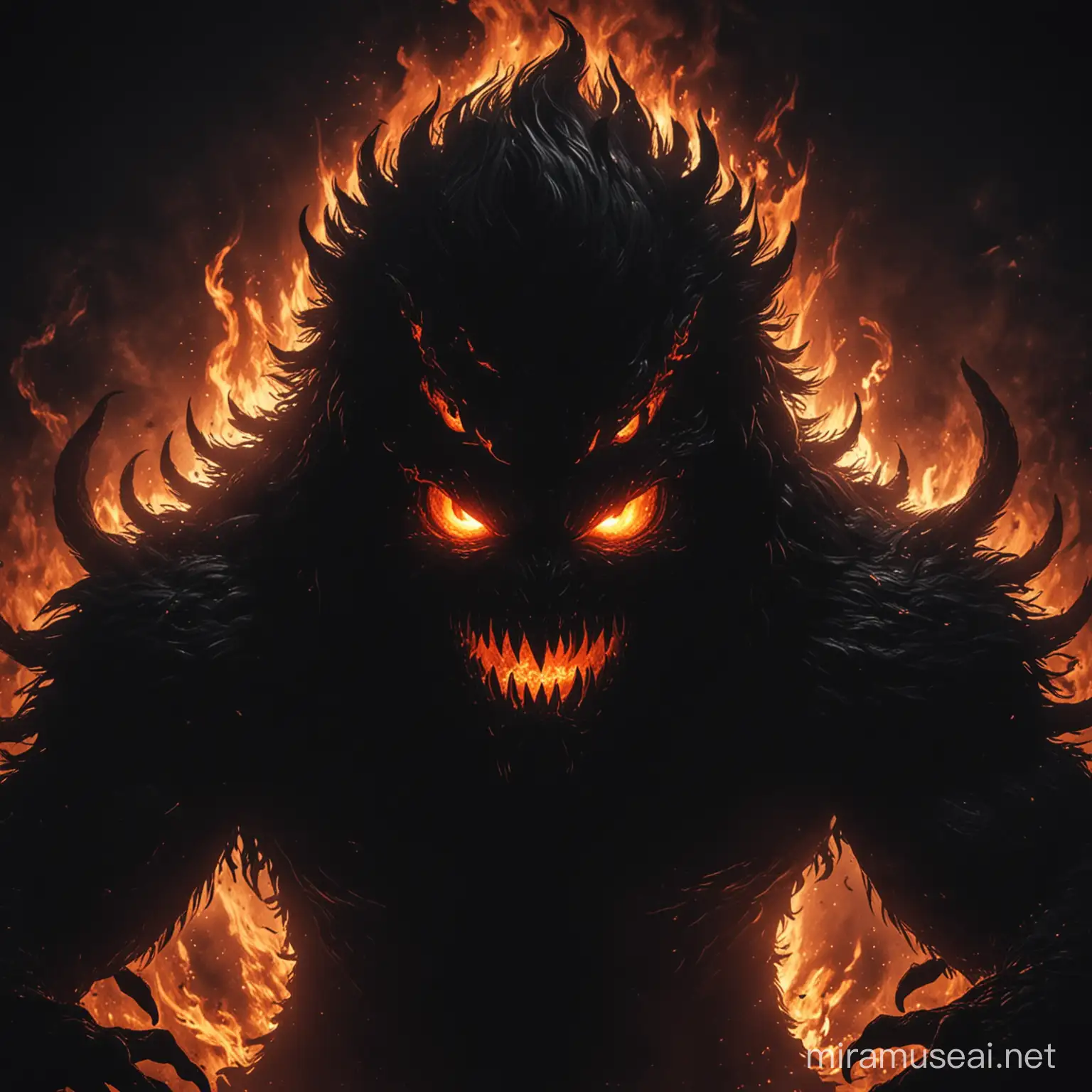 Fierce Shadow Monster with Fiery Eyes in Wild Darkness